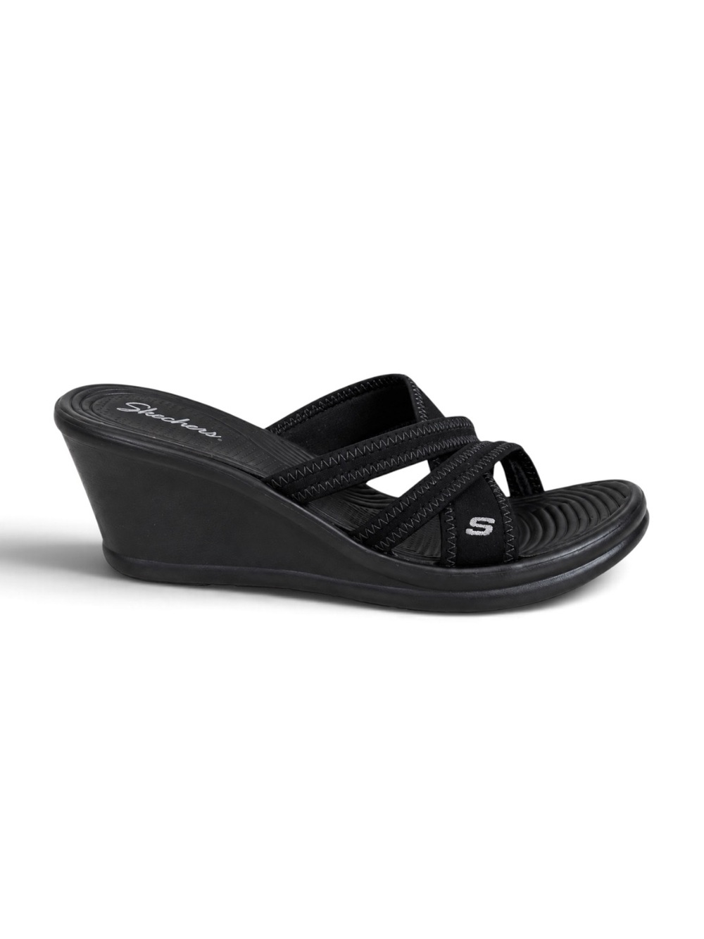 Skechers Black Multi Strap Wedge Sandals Comfort Slip On Size 7